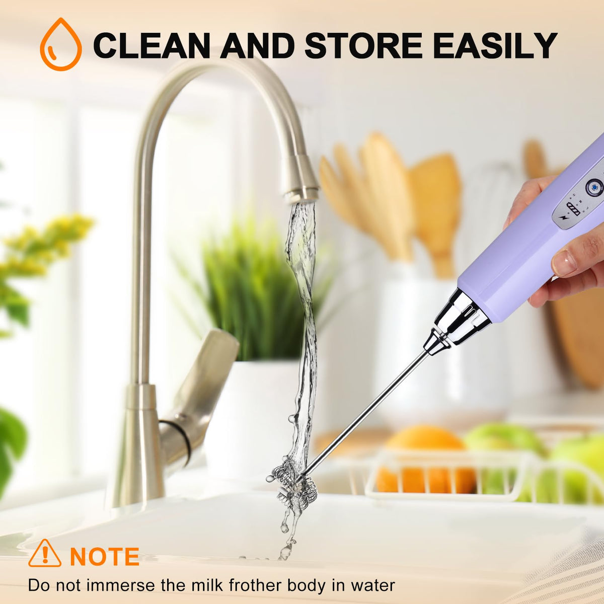 Included stainless stand keeps the frother ready on the counter