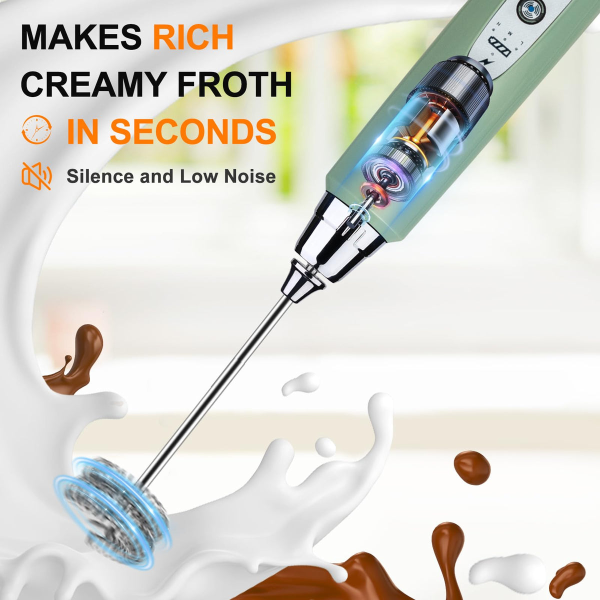 YUSWKO Granite Green milk frother 3 speed control offers texture flexibility for customized drinks