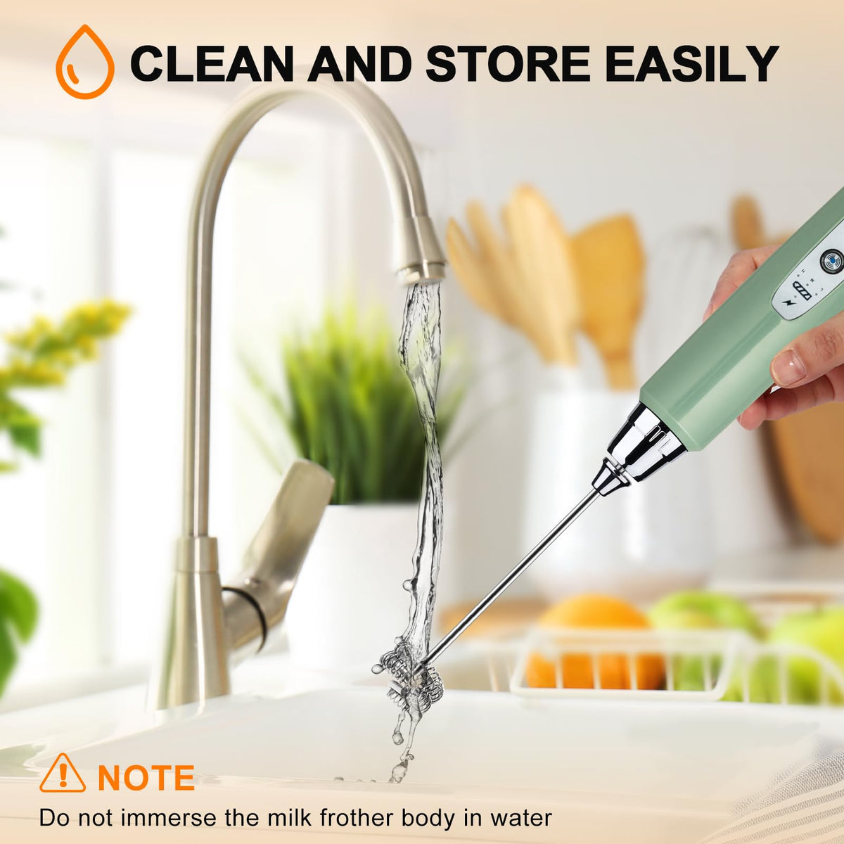 YUSWKO Granite Green milk frother in use in cup demonstrates compact mess free operation