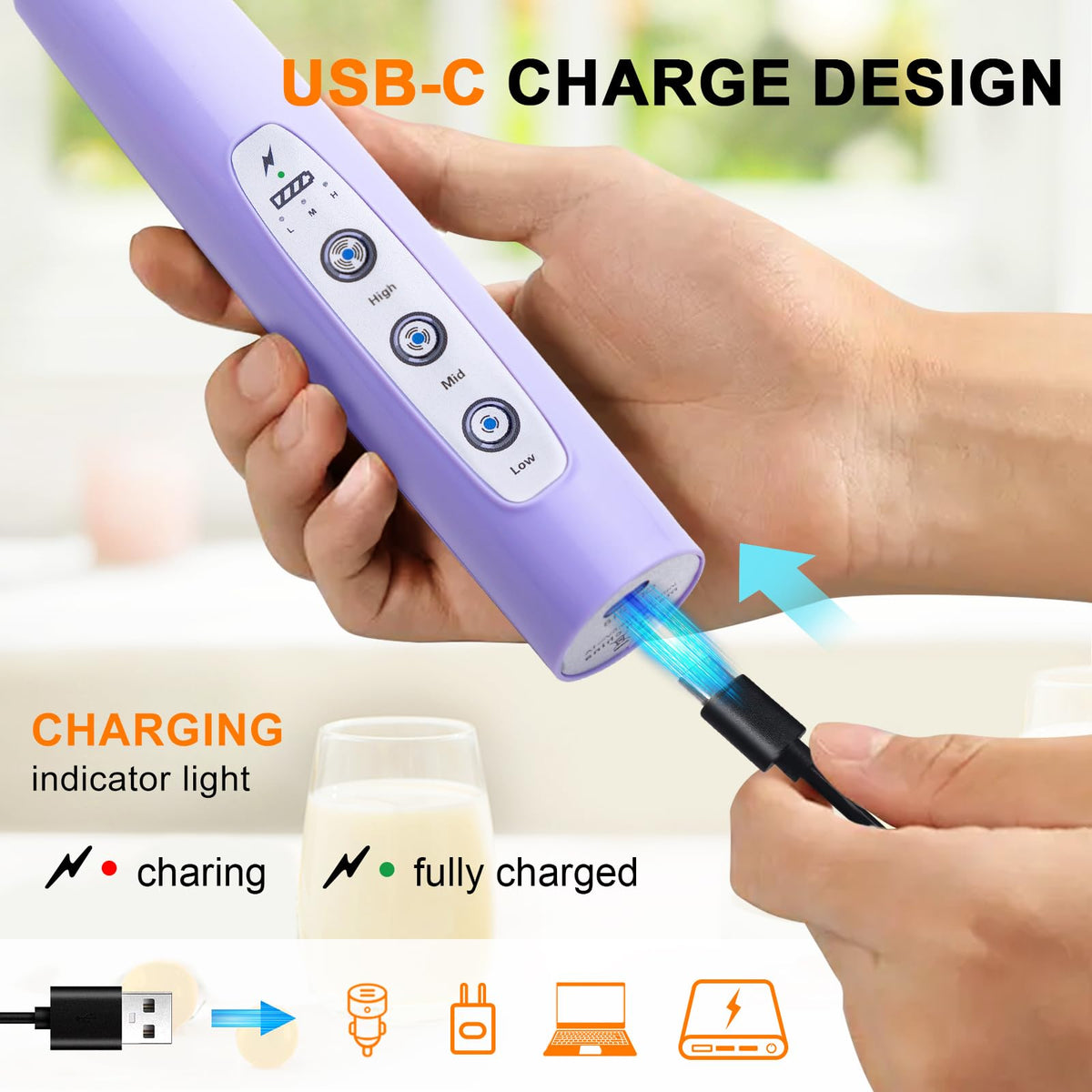 YUSWKO USB rechargeable milk frother enables cordless operation.