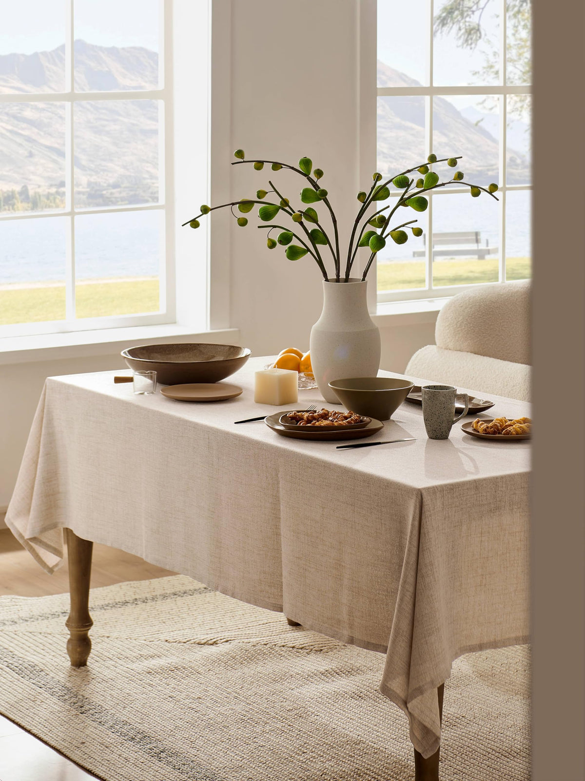 YZJZEDS linen tablecloth draped over edge for wrinkle-free farmhouse look.