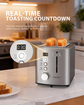 ZACHVO 2-Slice Toaster showing six browning settings for customized results
