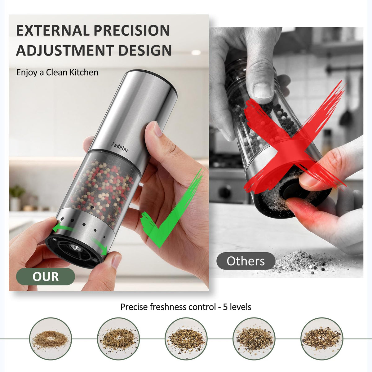Zadelar 120ml capacity container stores more salt or pepper between refills