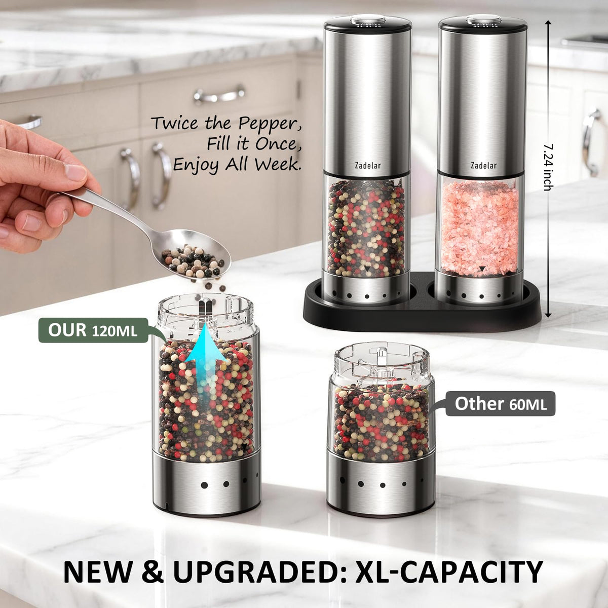 Zadelar external adjustment dial enables fine to coarse grinding at a glance for soups to steaks