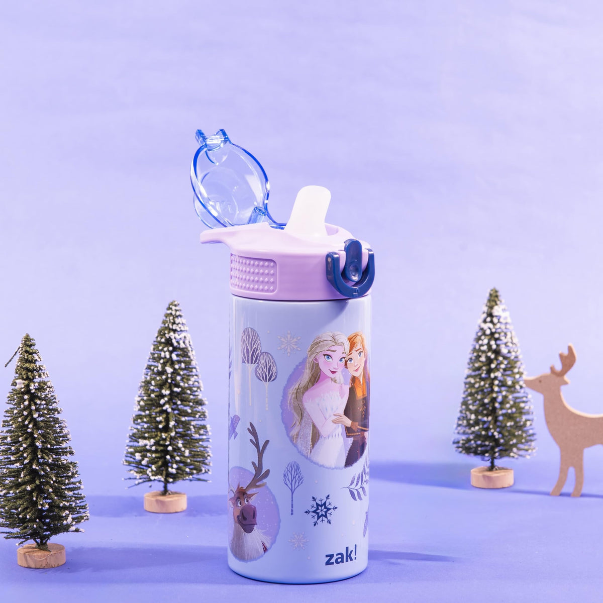 Zak Designs Disney Frozen 14oz bottle with spout open for easy sipping.