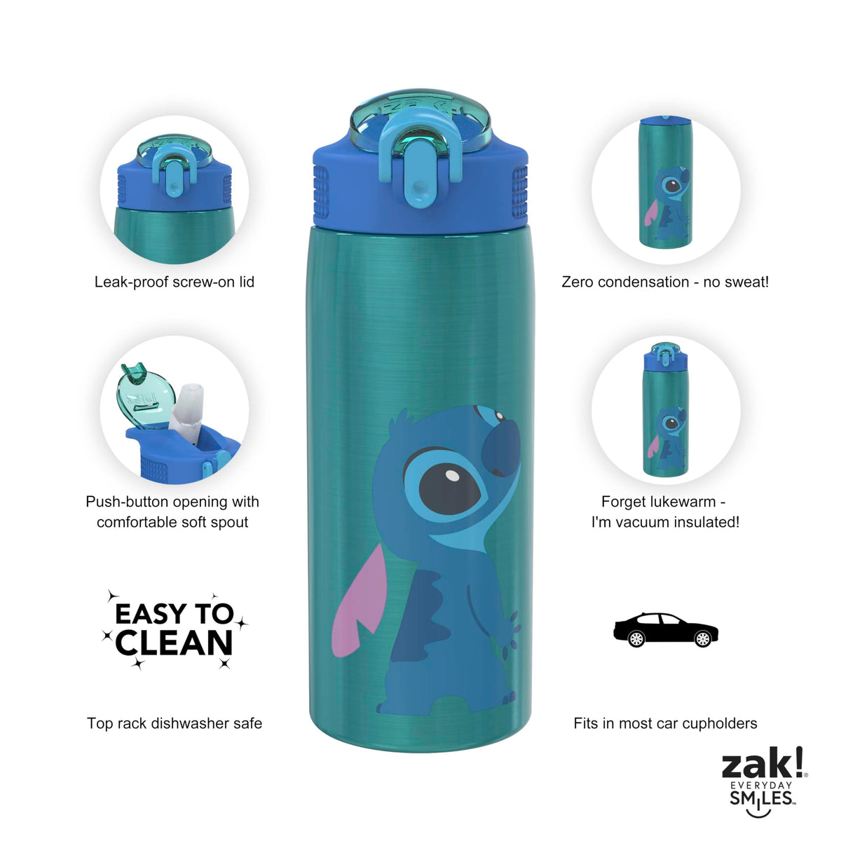 Zak Designs Stitch bottle leak-proof lid prevents spills in bags.