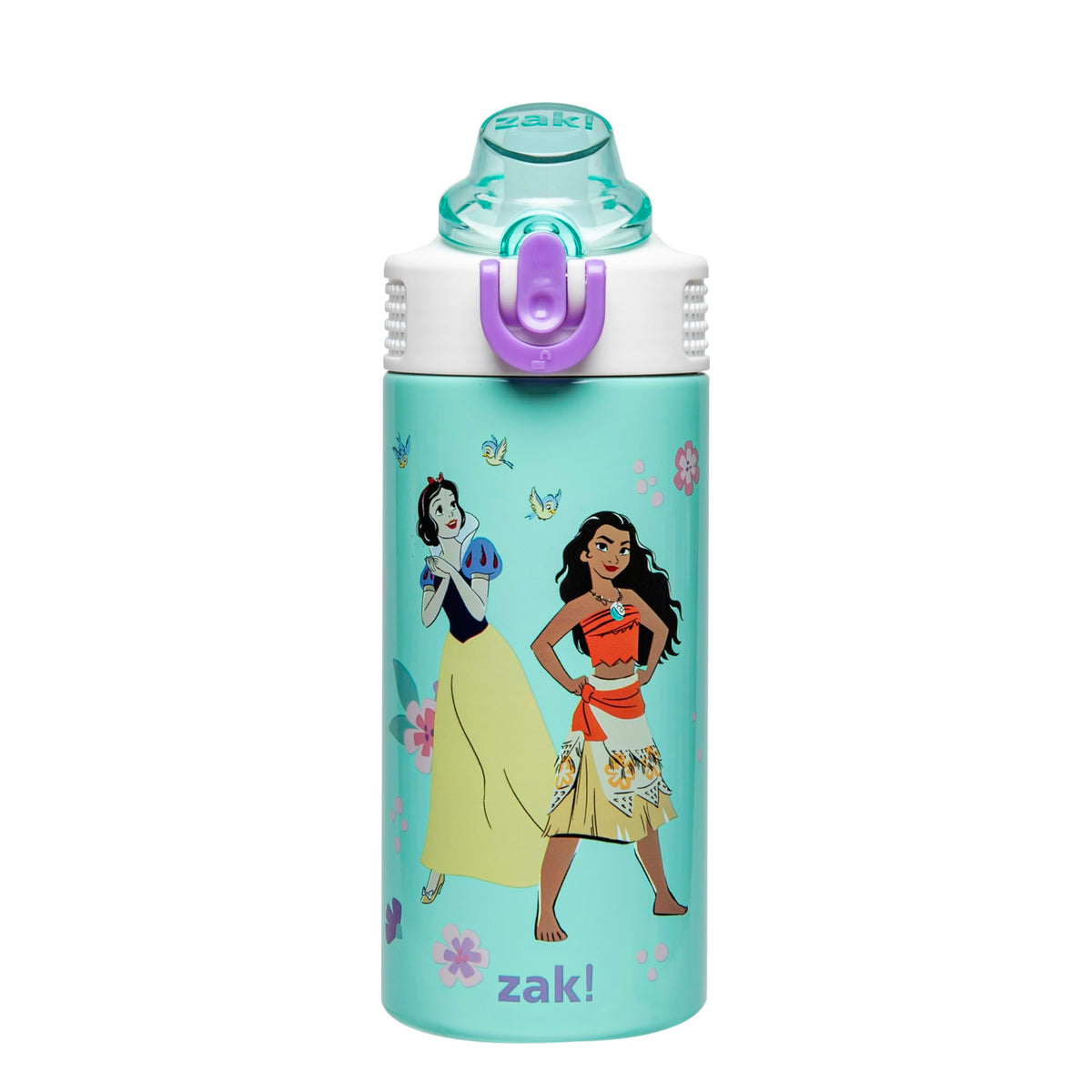 Zak Designs Disney Princess bottle front view with vibrant character art for kid-friendly hydration.