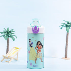 Zak Designs Disney Princess bottle with spout cover shown for hygienic travel.