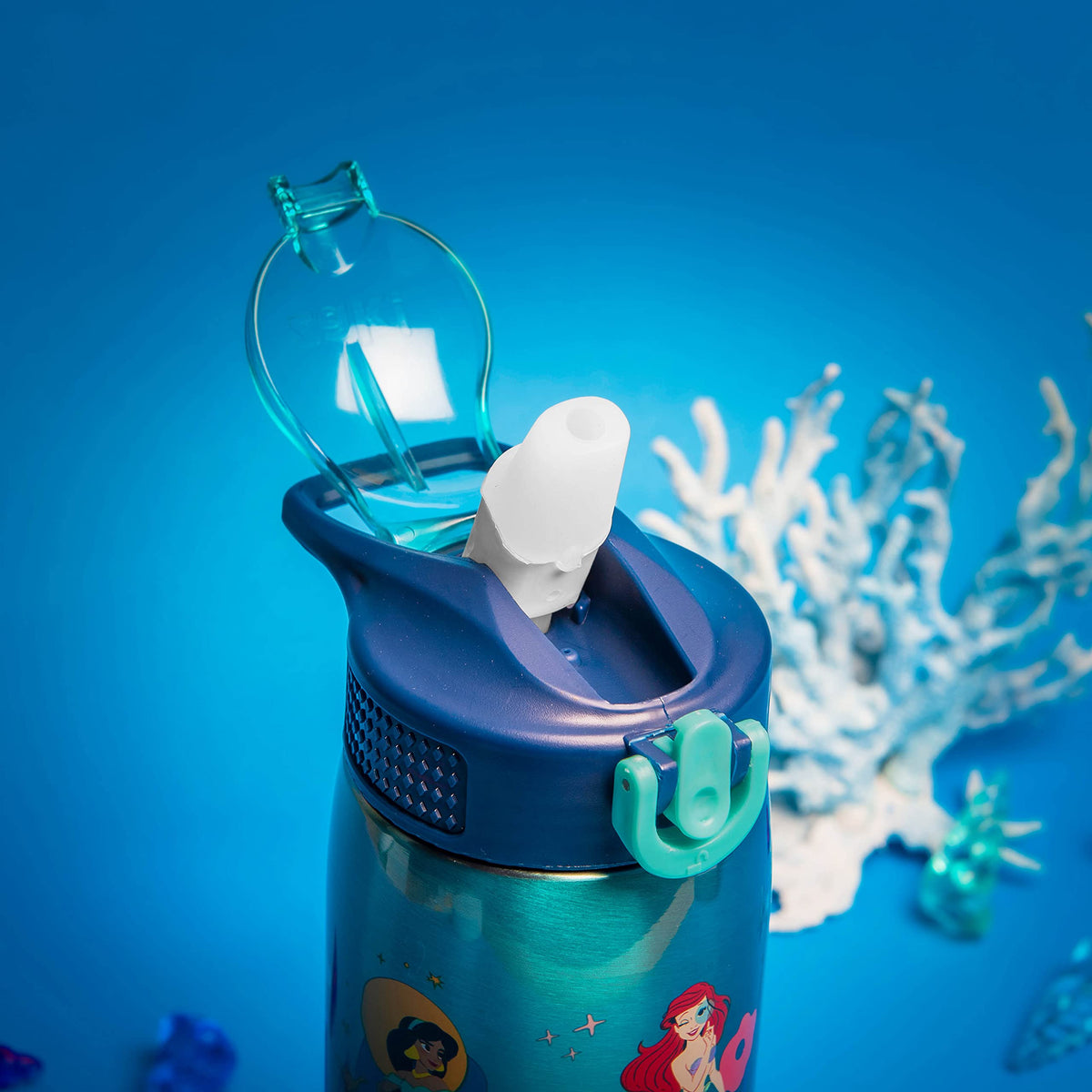 Leak-proof lid with locking spout on the Disney Princess bottle for mess-free travel