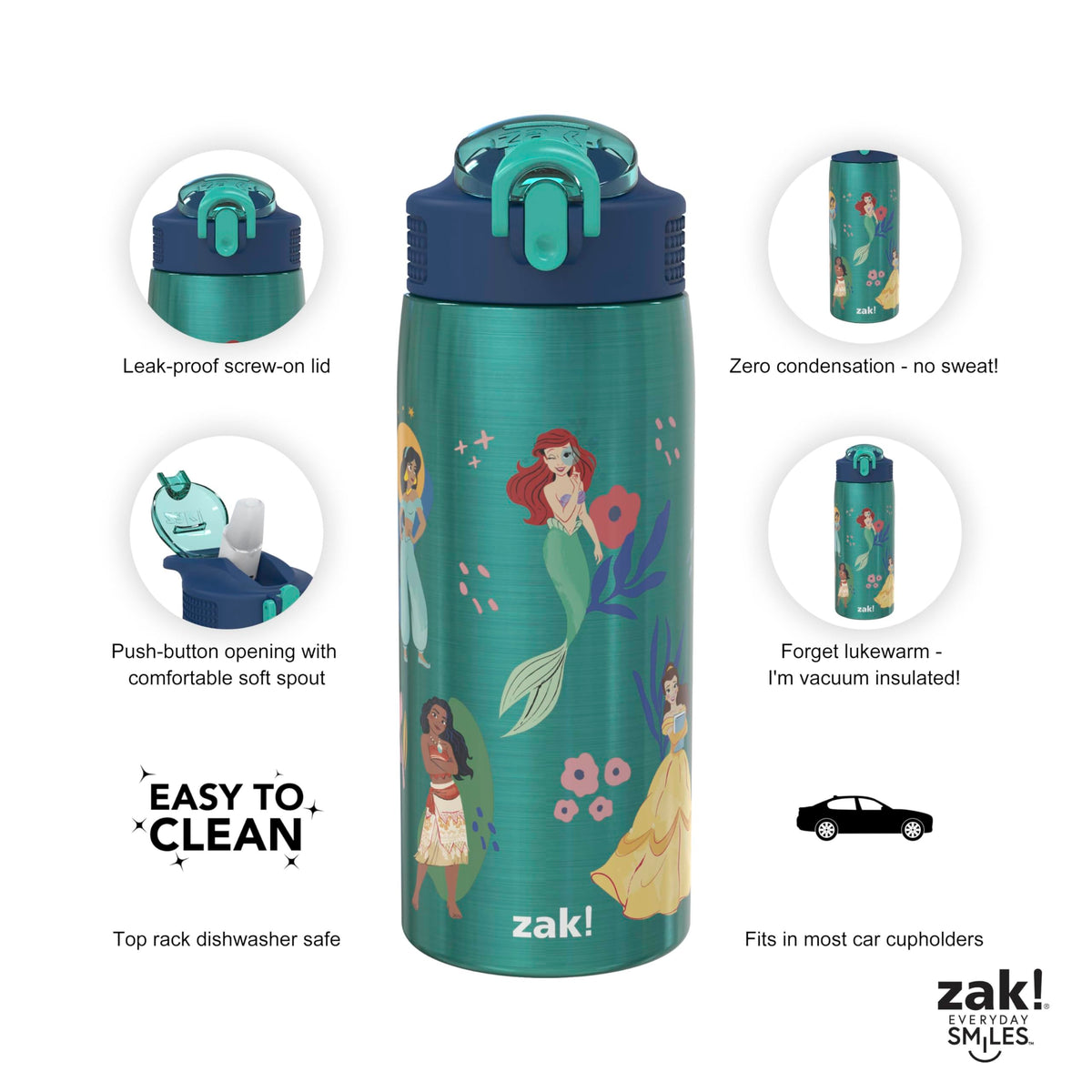Hygienic spout cover on Zak Designs Disney Princess bottle keeps sipping clean