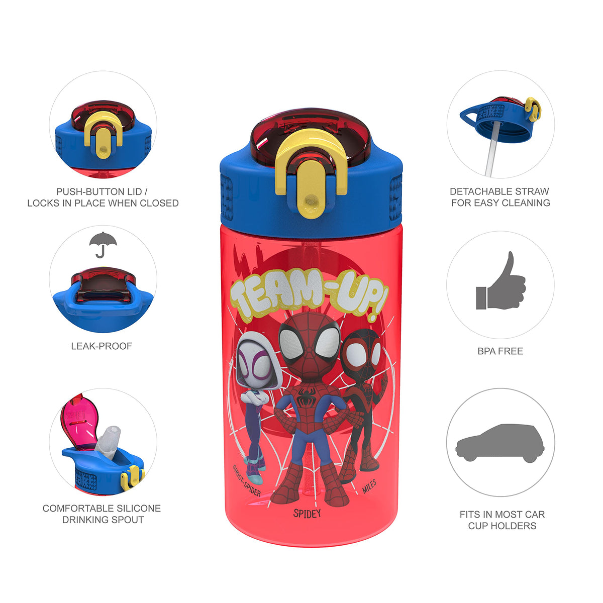 Zak Designs Spider-Man bottle close-up on secure lid and leak prevention