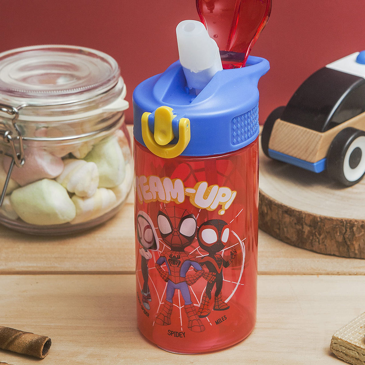 Zak Designs Spider-Man bottle side view showing durable plastic for everyday adventures