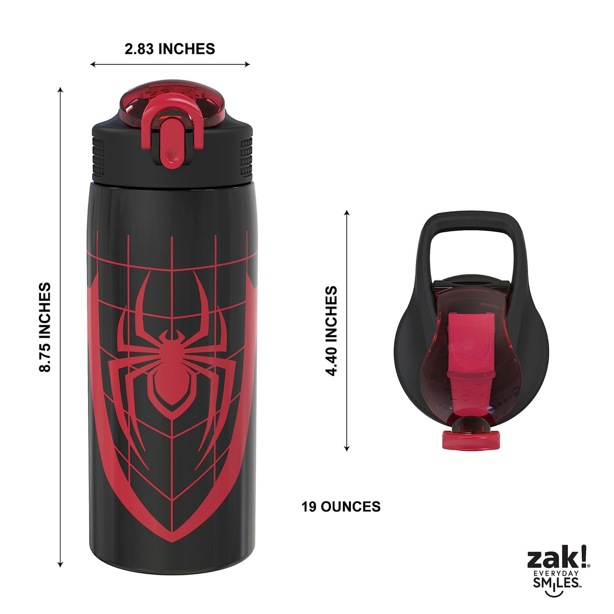 Zak Designs Marvel Spider-Man bottle 19-ounce size for daily hydration.