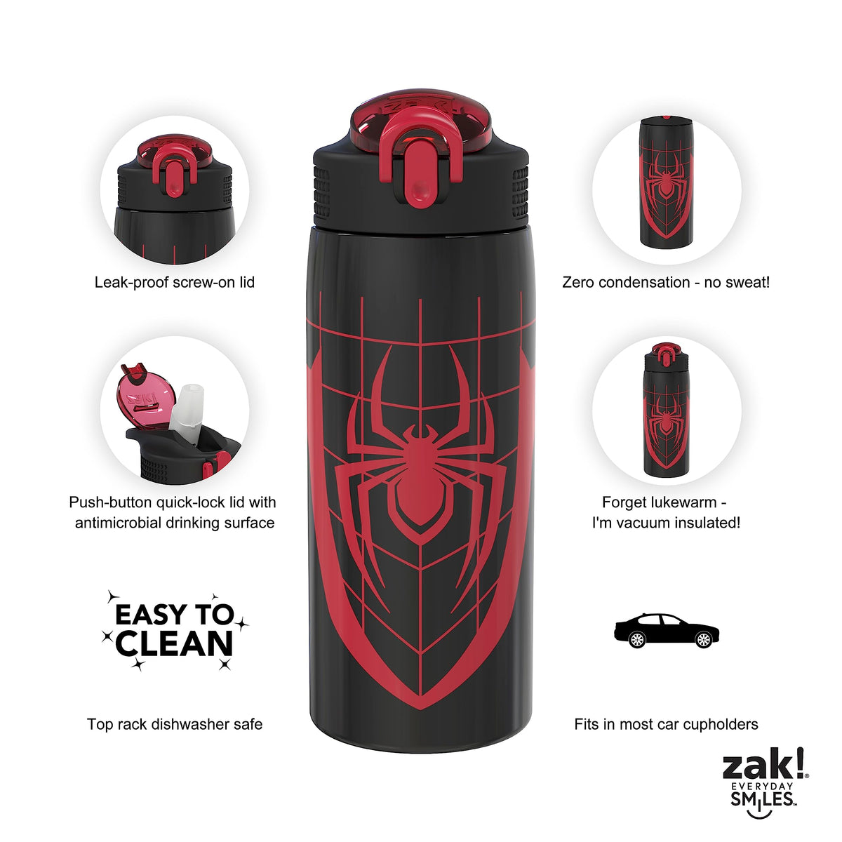 Zak Designs Marvel Spider-Man bottle carrying-loop facilitates easy transport.