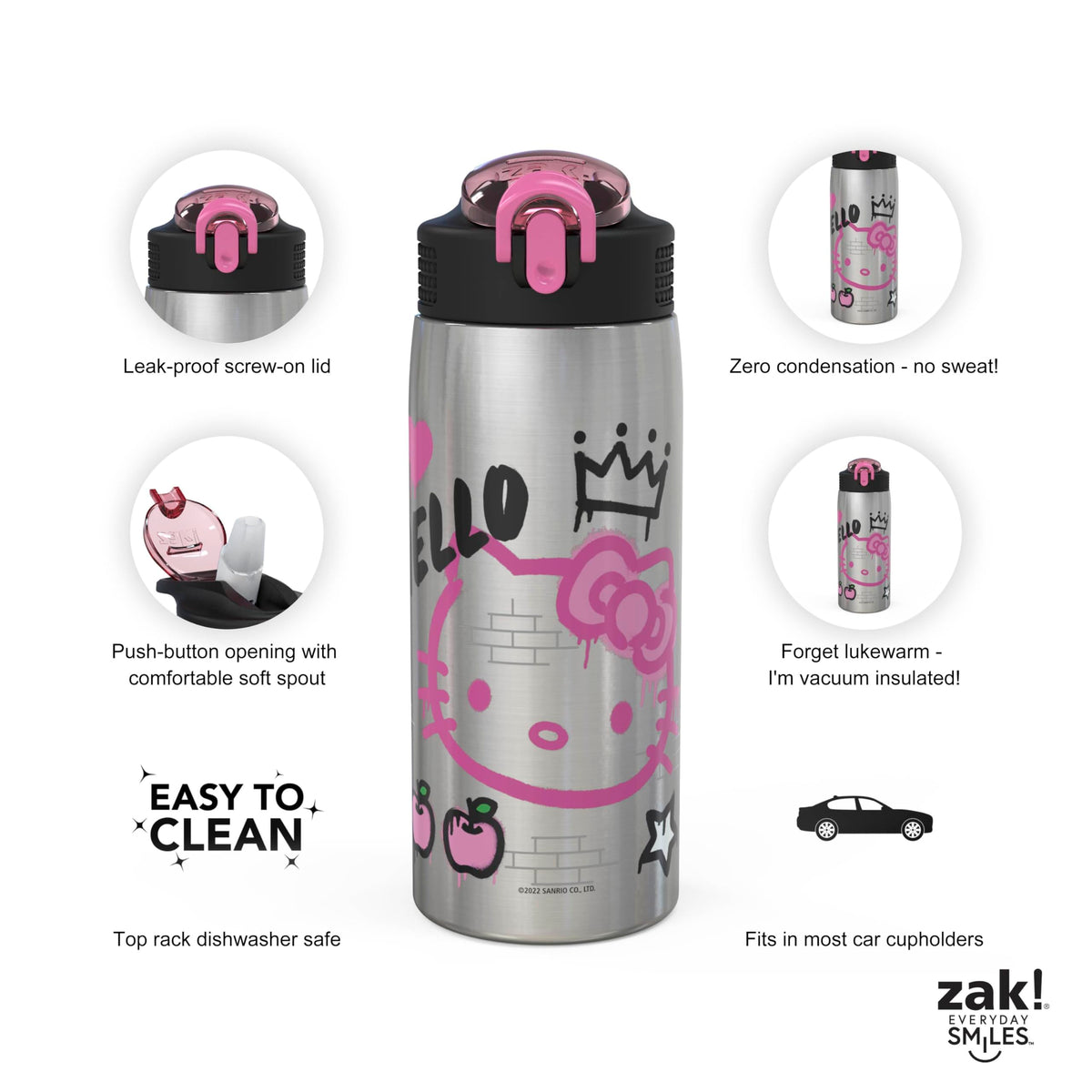 Spout with flip-lock enables one-handed sipping while commuting.