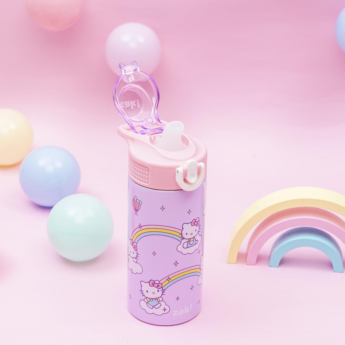 Zak Designs Hello Kitty bottle lid closeup highlighting leak-proof spout