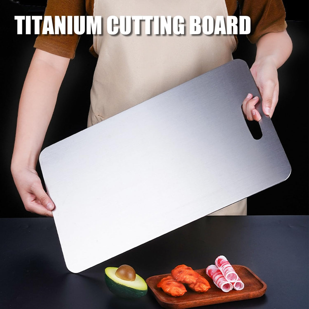 Zaucet Titanium Cutting Board back side for meat to prevent cross contamination.