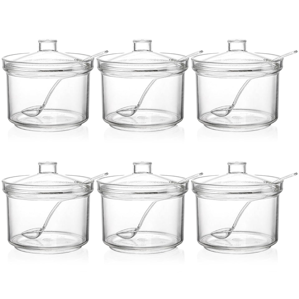 ZEAYEA six-pack clear acrylic sugar bowls with lids and spoons for organized counters.