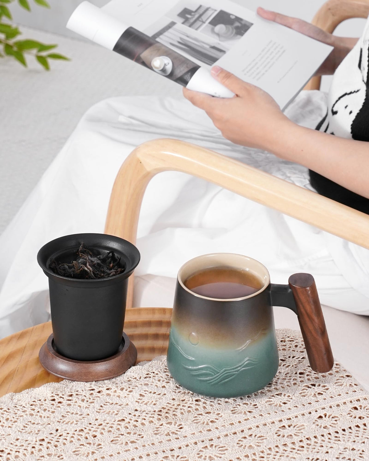 ZENS blue gradient matte glaze with mountain motif enhances tea moments.