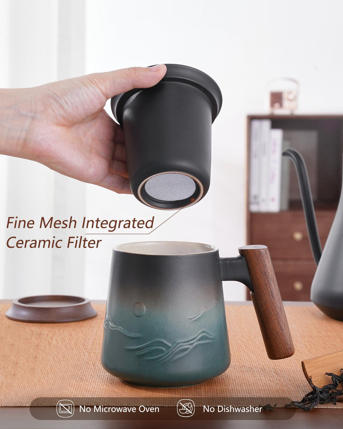 ZENS tea infuser mug with deep basket for larger leaf teas ready to brew.
