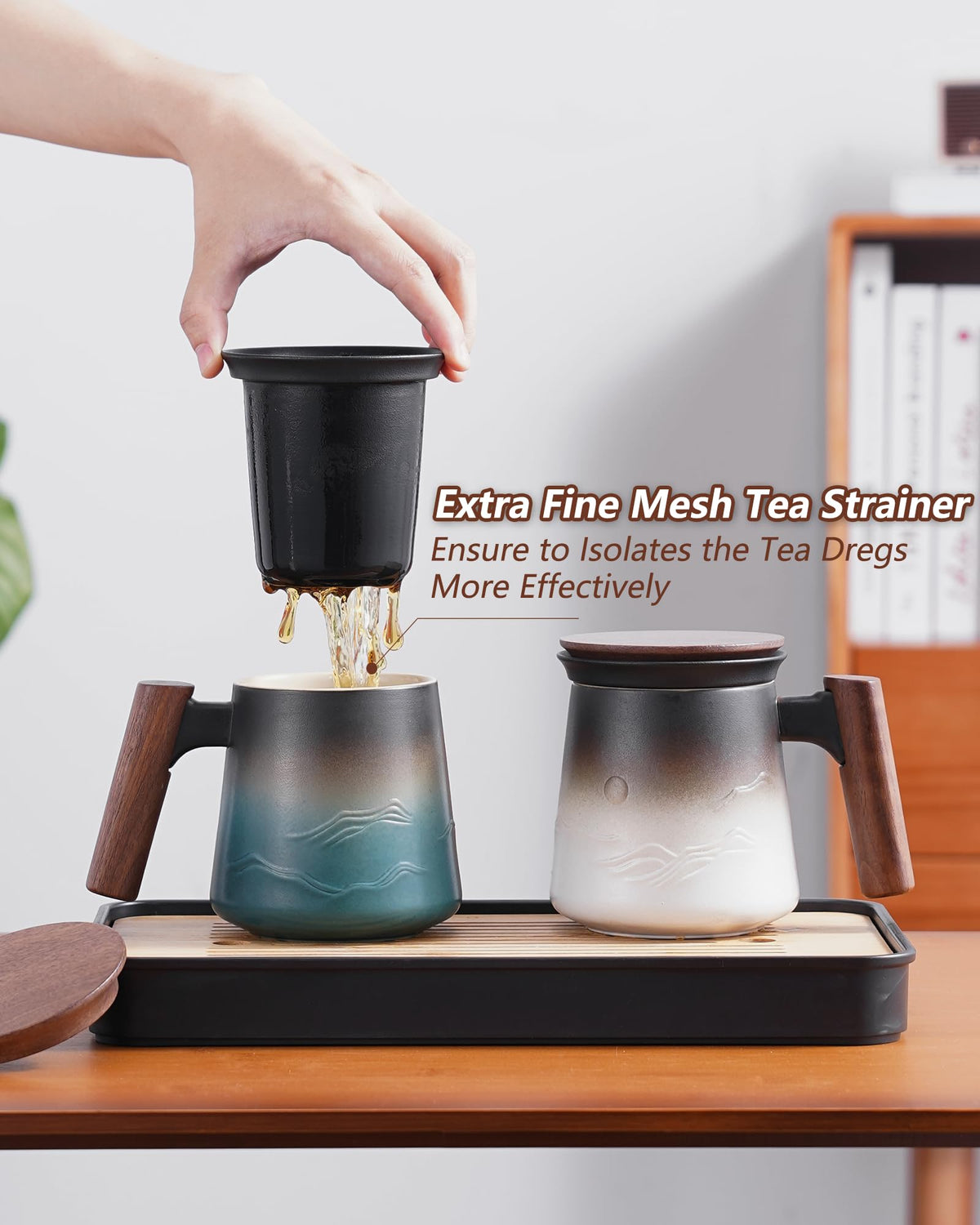 ZENS wooden handle adds comfortable grip during extended tea sessions.