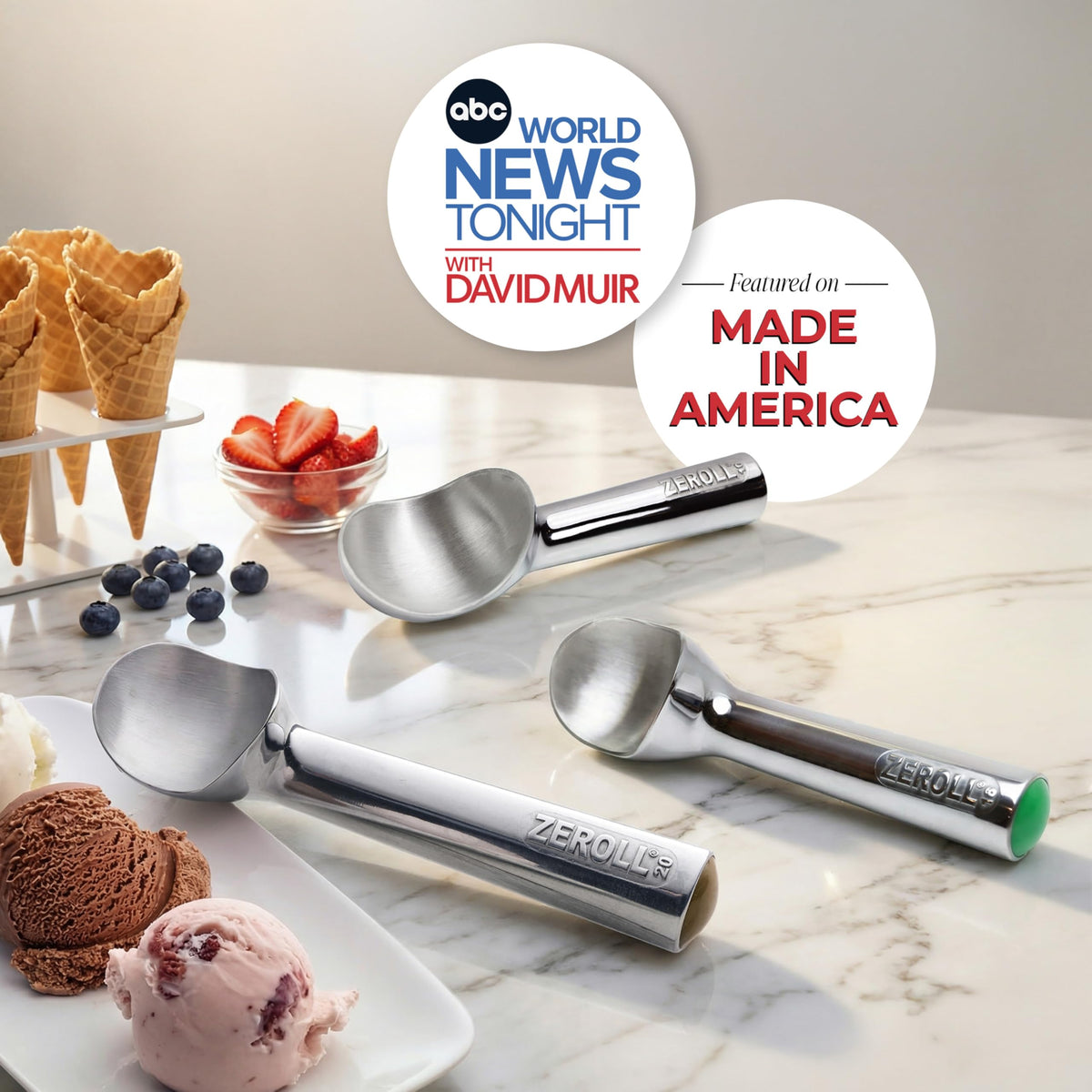 Zeroll brown end cap marks 4-ounce portions for accurate serving.