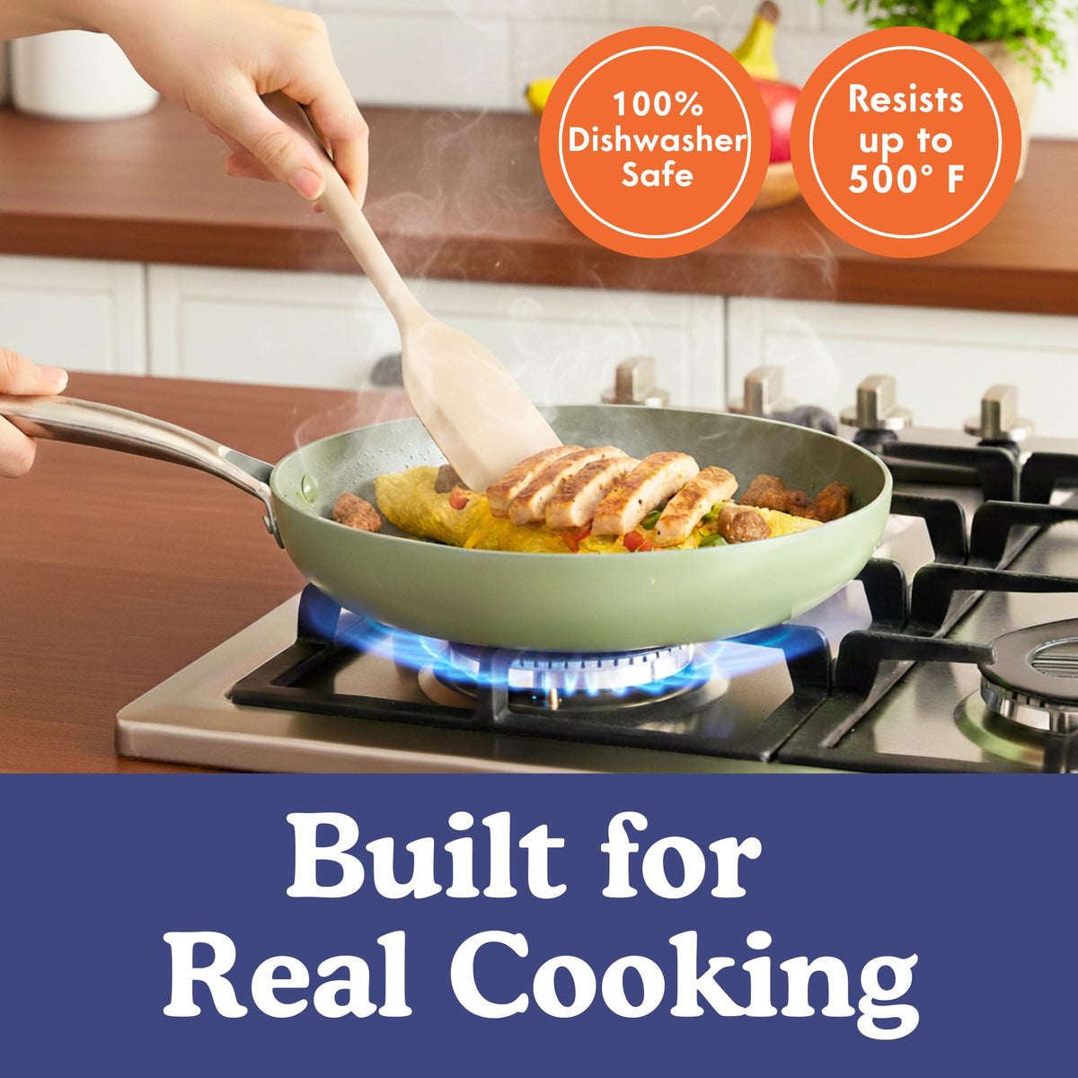 Ziruma scratch-free silicone utensil safe for non-stick cookware.