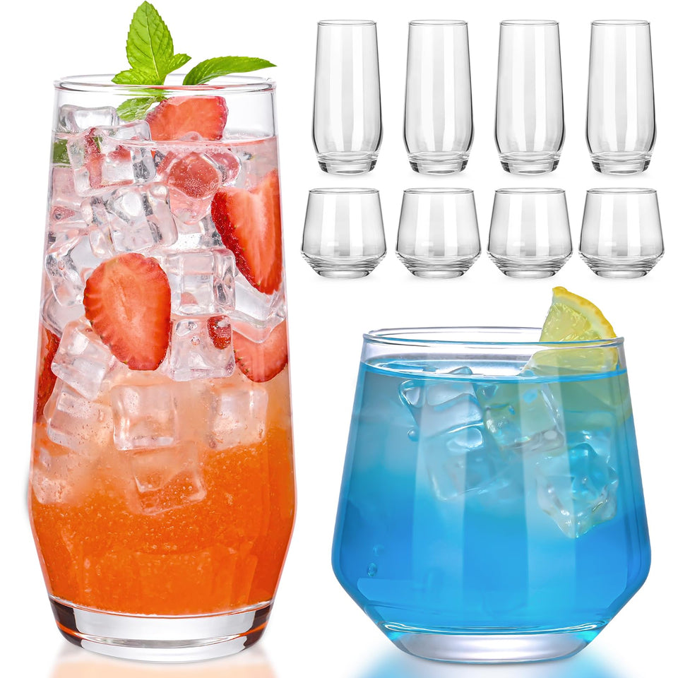 ZMOWIPDL 8-piece drinking glasses set with 13oz and 18oz options for versatile entertaining.