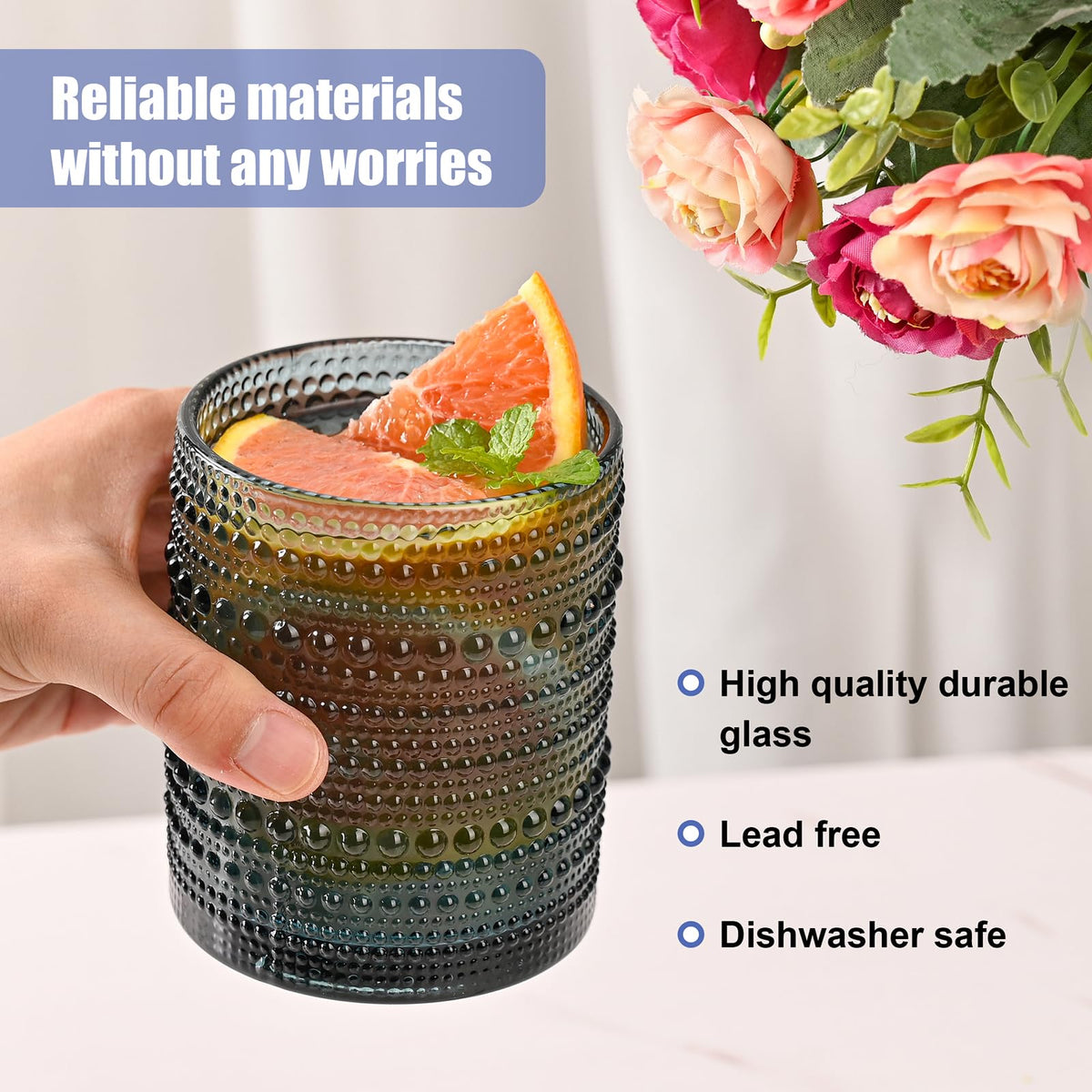 ZMOWIPDL embossed beaded design glass close-up, non-slip grip for easy handling