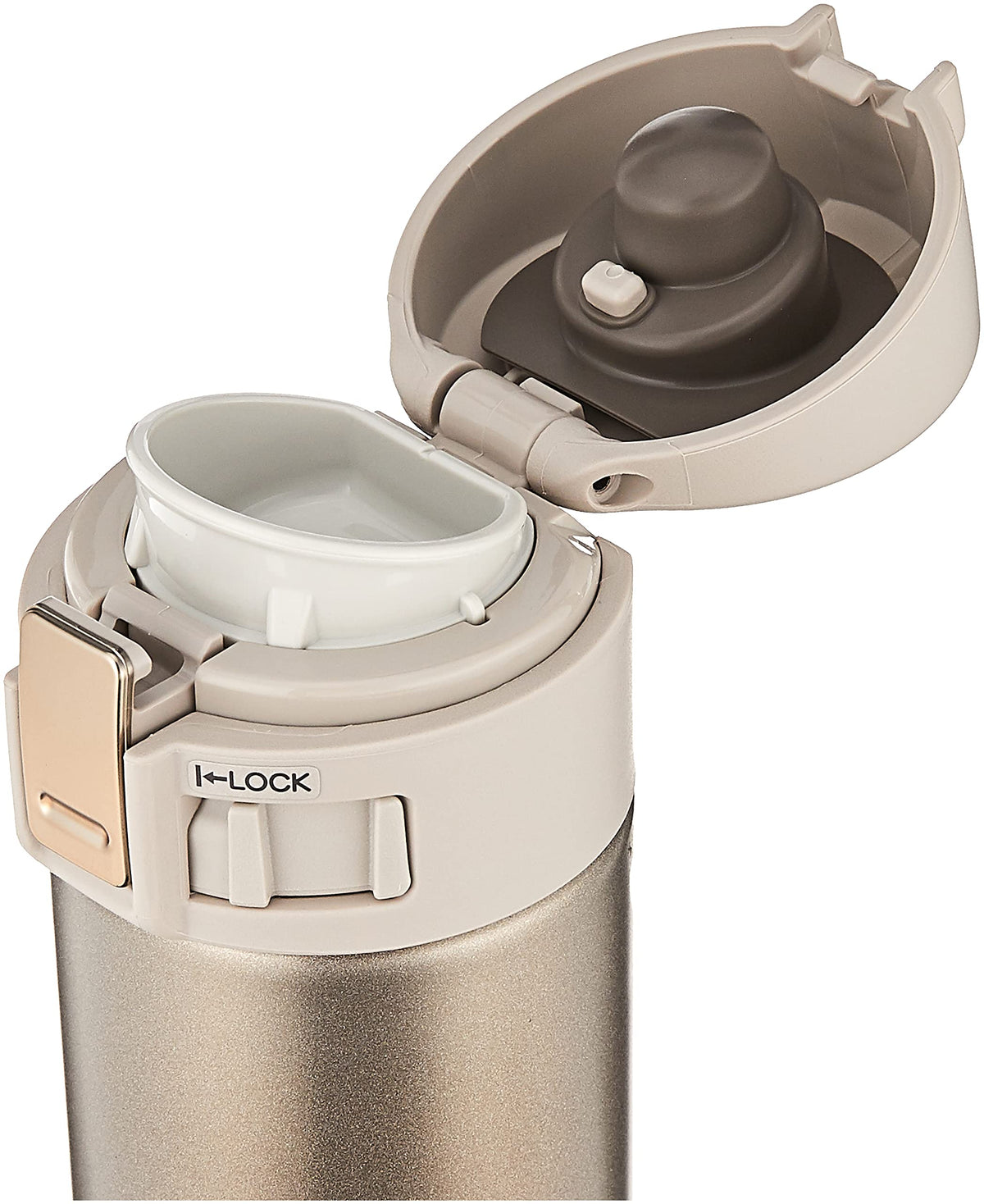 Zojirushi champagne gold mug lid closeup highlights secure flip lid and spill prevention.