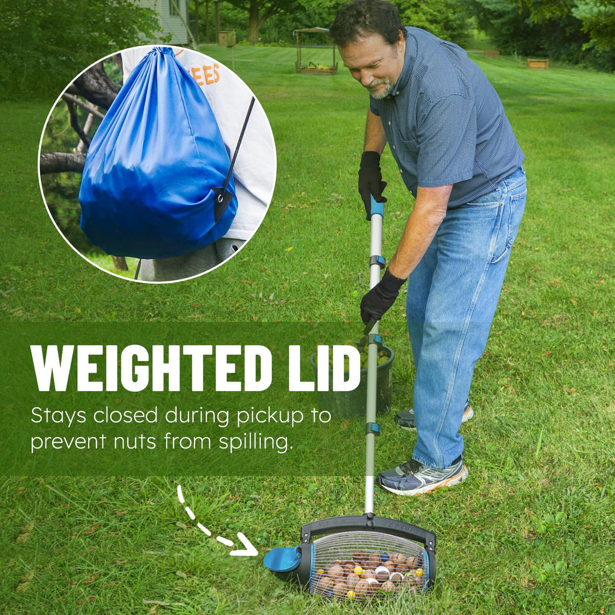 Zozen Nut Gatherer dump outlet design prevents spills during dumping
