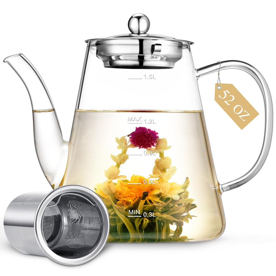 Zpose 1500ml glass teapot with infusion basket for shared tea moments.