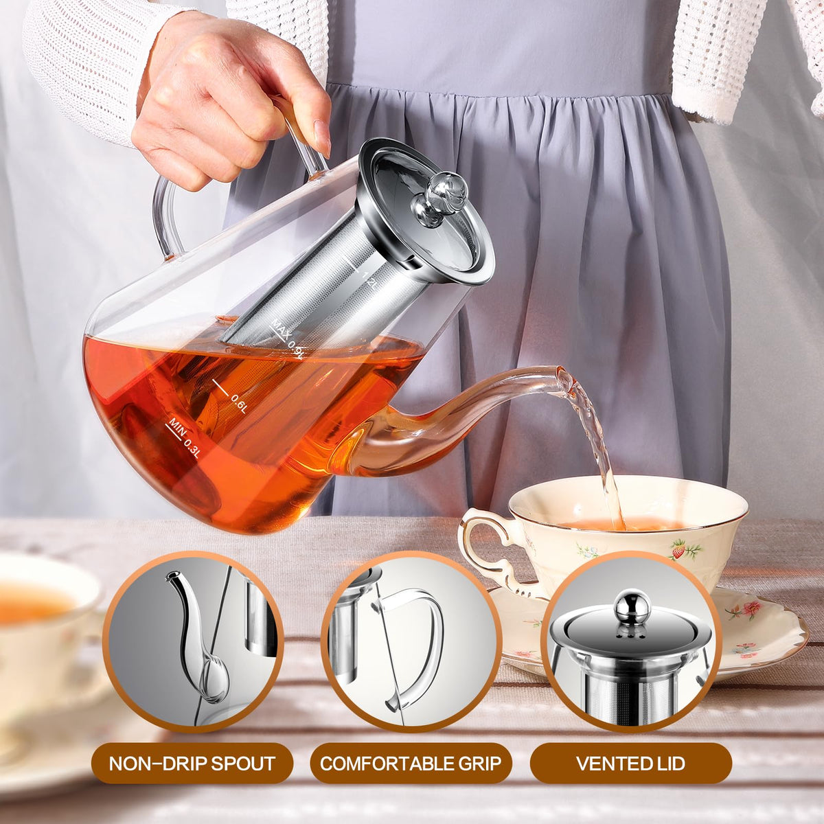 Zpose removable 304ss infuser keeps tea leaves contained for clean pours.