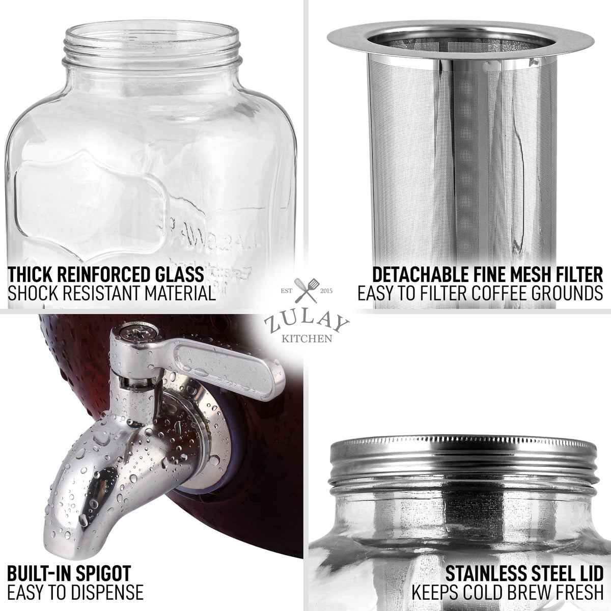 Zulay Kitchen reinforced glass construction for long-lasting cold brew maker.