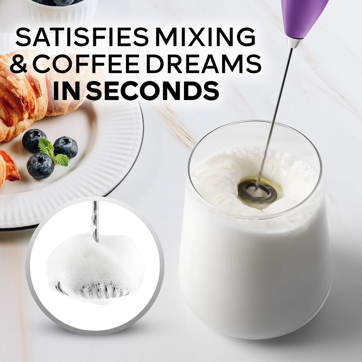 Zulay Kitchen frother close-up shows rich foam atop a latte