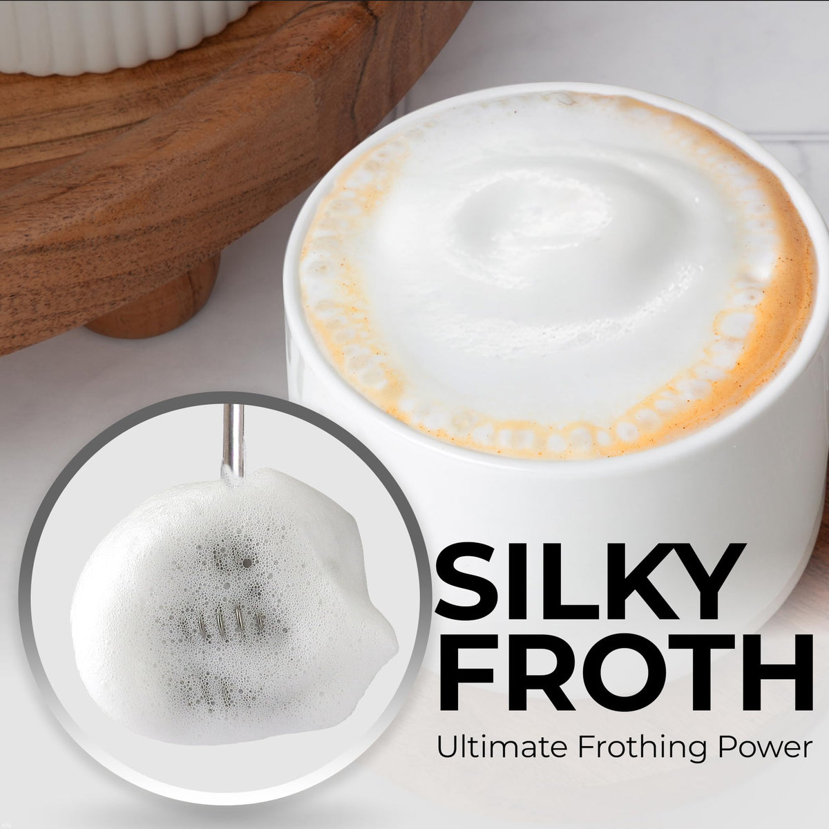 Zulay Kitchen frother whisk blending latte and matcha for creamy textures.