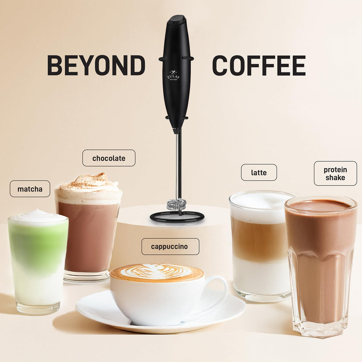 Zulay Kitchen milk frother stand keeps the device organized on your counter.