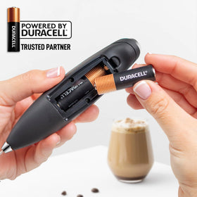 Zulay Kitchen portable frother with two batteries enables on-the-go drinks.