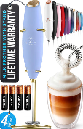 Zulay Milk Frother Wand in blue and gold front view for creamy foam creation