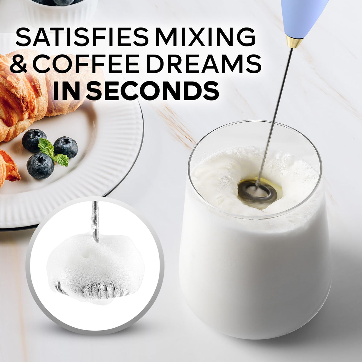Zulay frother in use with cup producing creamy microfoam for coffee