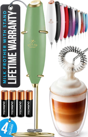 Zulay Kitchen powerful milk frother wand in forest gold, front view for cafe-style foam
