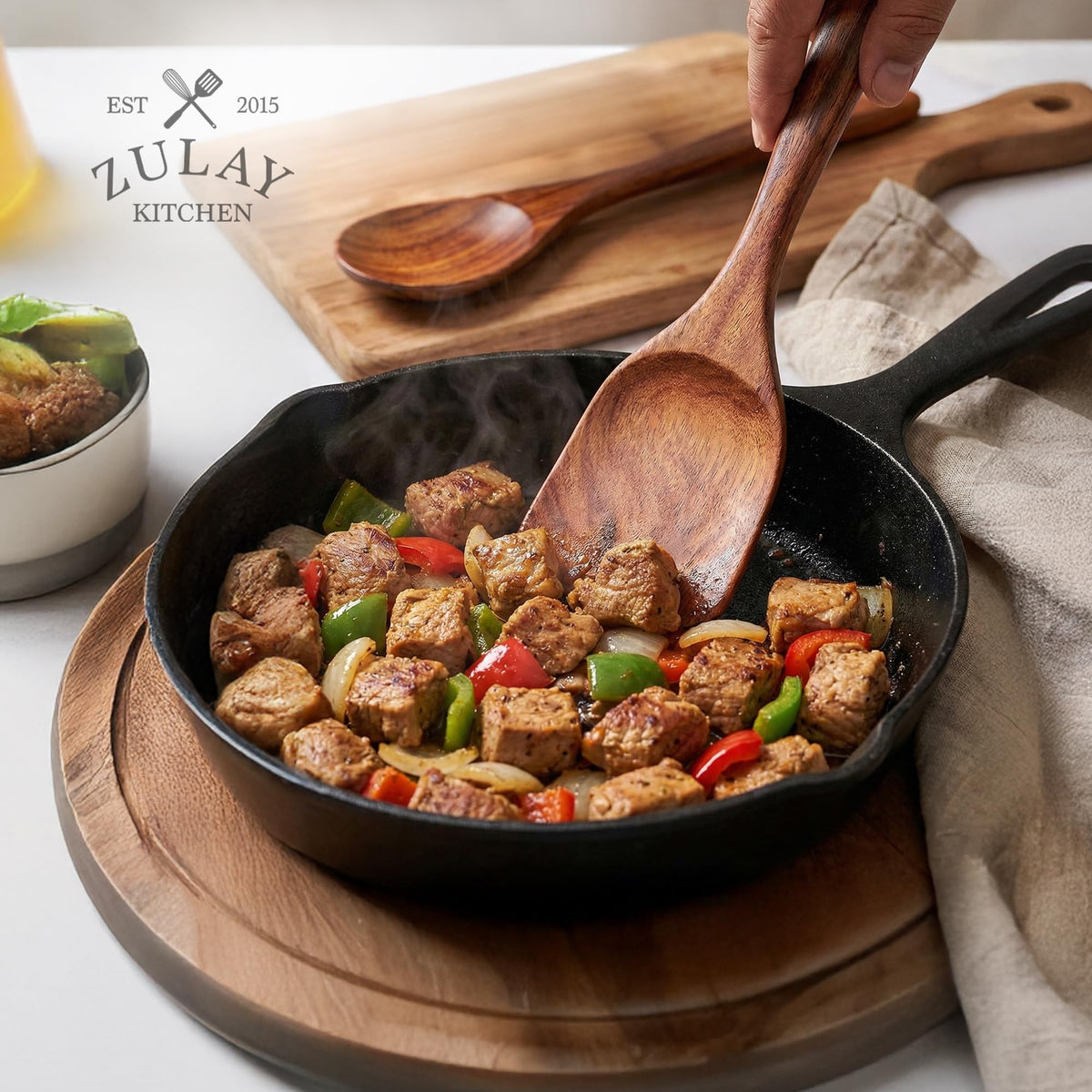 Zulay Kitchen premium teak wooden set on display in a kitchen