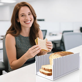 ZULFACY bread slicer retractable guide enables quick thickness setting.