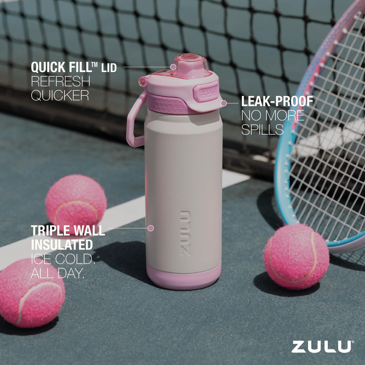 Triple-wall insulation in the ZULU Powerfill Pro 18oz bottle keeps drinks cold longer.