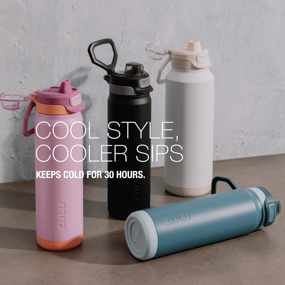 ZULU Powerfill Pro 24oz bottle with two spouts for sip or chug.