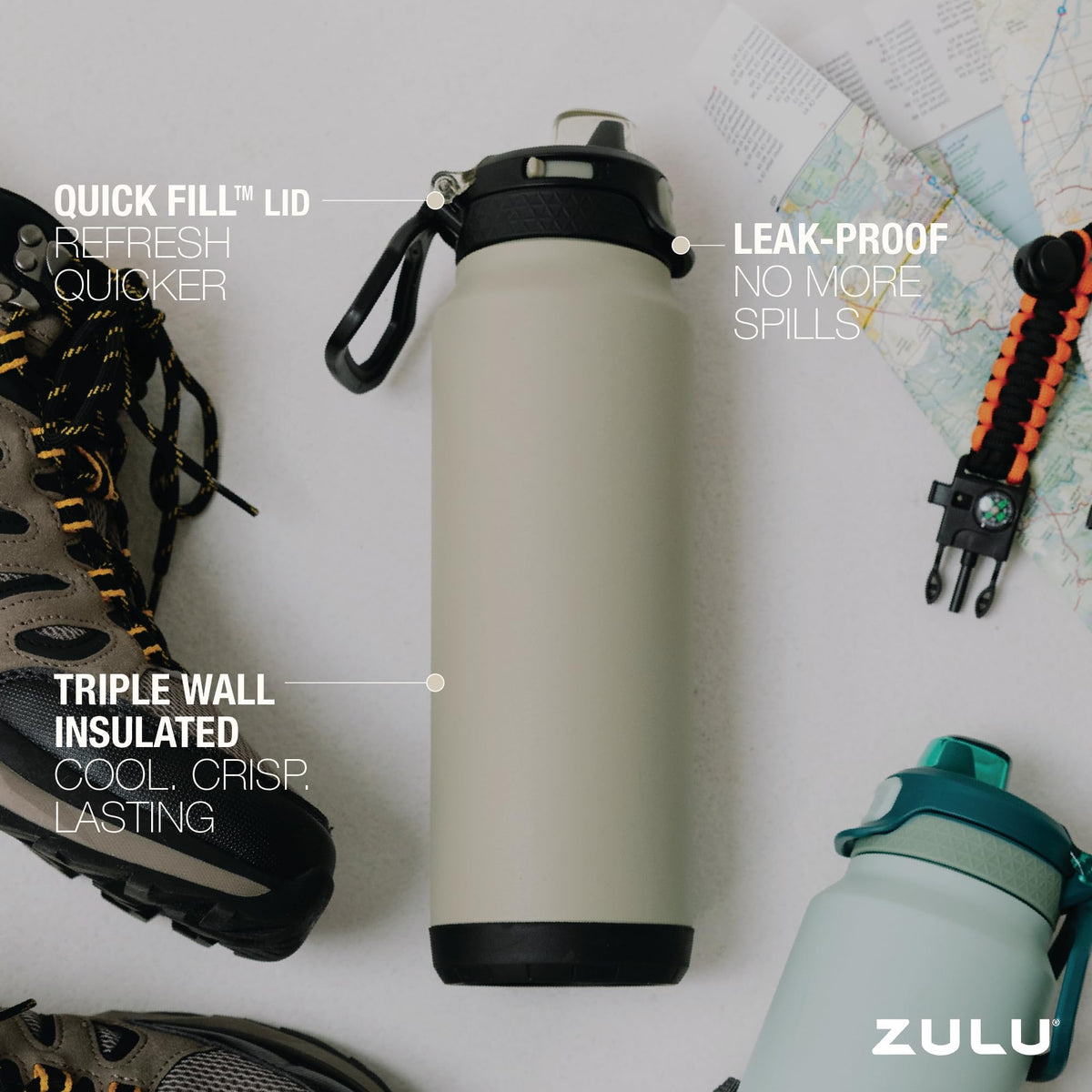 Triple insulated copper lining of ZULU Powerfill Pro 32oz bottle ash color