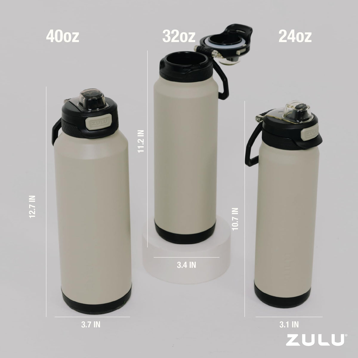Wide carry loop on ZULU Powerfill Pro 32oz bottle ash color