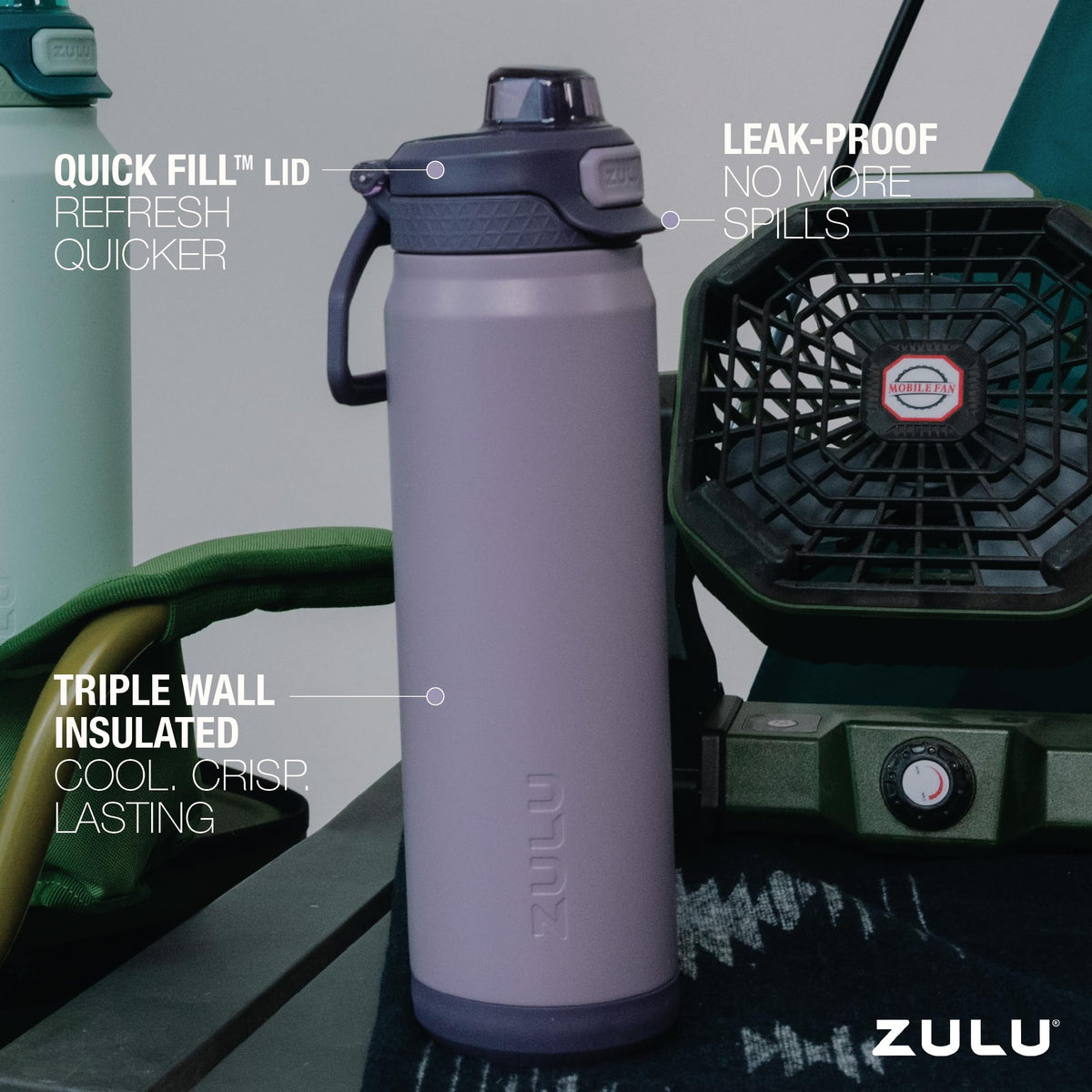 ZULU Powerfill Pro 40oz amethyst triple-wall insulation shows cool beverage retention
