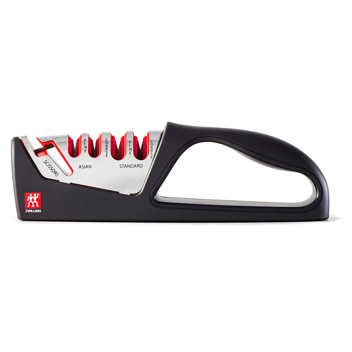 ZWILLING Razor-Sharp 5-stage sharpener shown with labeled blade slots for Japanese and Western blades